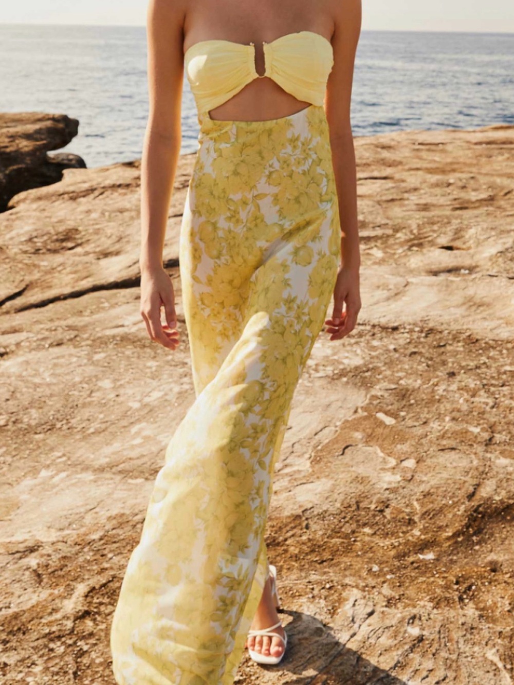 Peppermayo Yellow Floral Strapless Cutout Maxi Dress